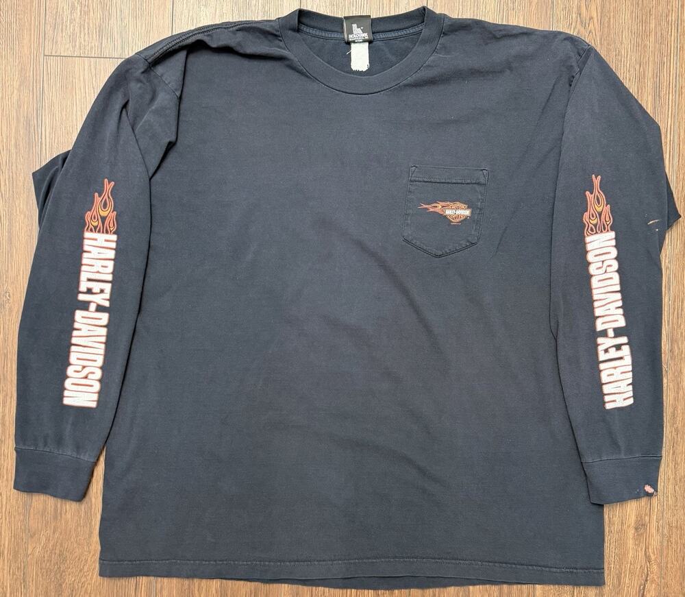 Y2K Harley Davidson New Bern NC Long Sleeve Pocket T Shirt Flames Biker 3XL